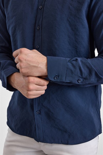 Lacivert Slim Klasik Yaka Düz Uzun Kollu Casual Gömlek