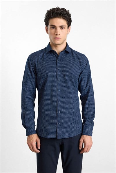 Lacivert Slim Klasik Yaka Minimal Oxford Cepsiz Düğmeli Uzun Kollu Casual Gömlek