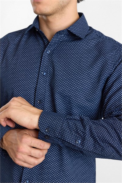 Lacivert Slim Klasik Yaka Minimal Oxford Cepsiz Düğmeli Uzun Kollu Casual Gömlek
