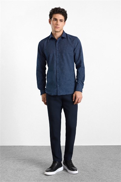 Lacivert Slim Klasik Yaka Minimal Oxford Cepsiz Düğmeli Uzun Kollu Casual Gömlek