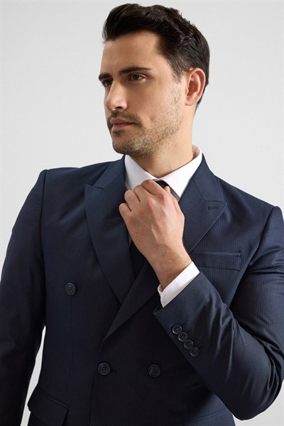 Lacivert Slim Kruvaze Yaka 6 Drop Takım Elbise