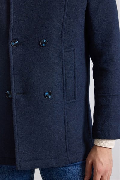 Lacivert Slim Kruvaze Yaka Düz Yan Cepli Düğmeli Dolgusuz Standart Kaban