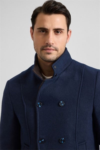 Lacivert Slim Kruvaze Yaka Düz Yan Cepli Düğmeli Dolgusuz Standart Kaban