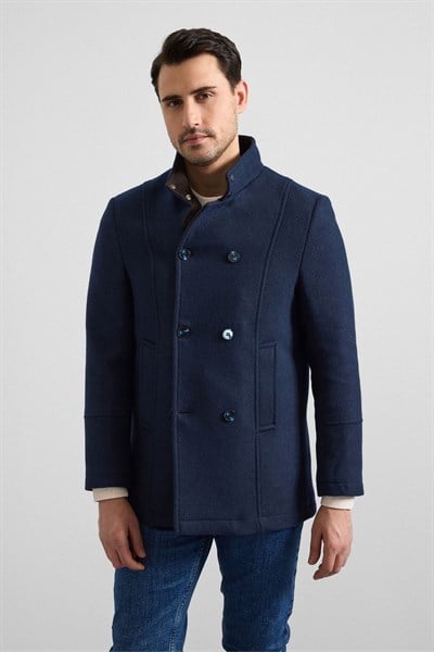 Lacivert Slim Kruvaze Yaka Düz Yan Cepli Düğmeli Dolgusuz Standart Kaban