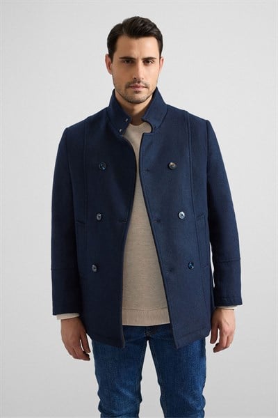 Lacivert Slim Kruvaze Yaka Düz Yan Cepli Düğmeli Dolgusuz Standart Kaban