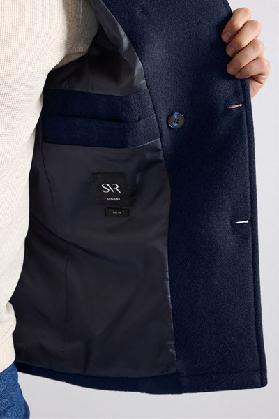 Lacivert Slim Kruvaze Yaka Düz Yan Cepli Düğmeli Dolgusuz Standart Kaban