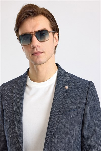 Lacivert Slim Mono Yaka Düz Pike Torba Cep Yıkamalı 6 Drop Klasik Ceket