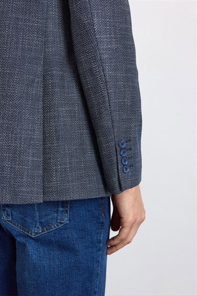 Lacivert Slim Mono Yaka Düz Pike Torba Cep Yıkamalı 6 Drop Klasik Ceket