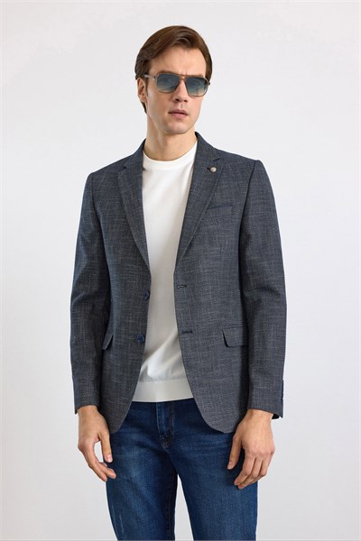 Lacivert Slim Mono Yaka Düz Pike Torba Cep Yıkamalı 6 Drop Klasik Ceket