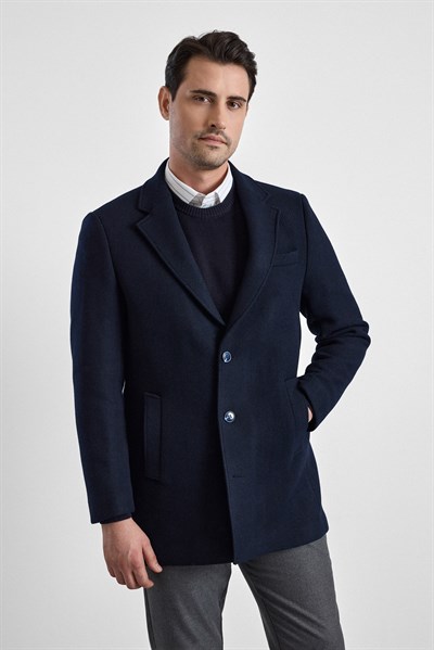 Lacivert Slim Mono Yaka Düz Yan Cepli Düğmeli Dolgusuz Standart Kaban