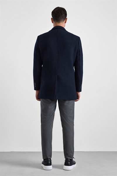 Lacivert Slim Mono Yaka Düz Yan Cepli Düğmeli Dolgusuz Standart Kaban