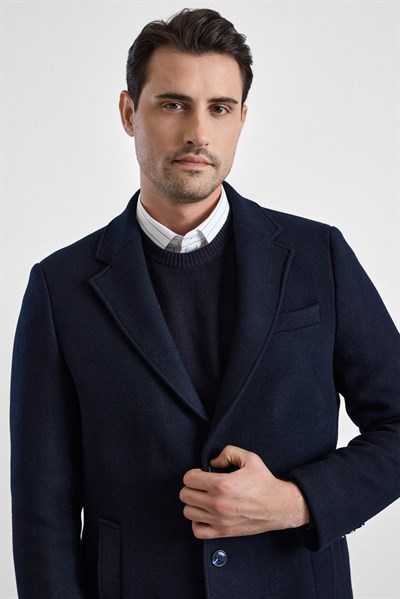 Lacivert Slim Mono Yaka Düz Yan Cepli Düğmeli Dolgusuz Standart Kaban