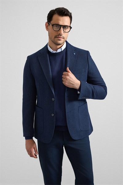 Lacivert Slim Mono Yaka Torba Cep 6 Drop Klasik Ceket