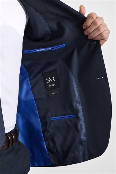 Lacivert Slim Sivri Yaka Kazayağı Armürlü Torba Cep Standart 6 Drop Takım Elbise