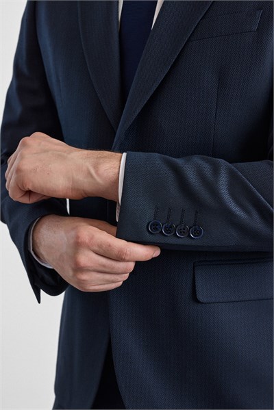 Lacivert Slim Sivri Yaka Kazayağı Armürlü Kapaklı Cep Standart 6 Drop Takım Elbise