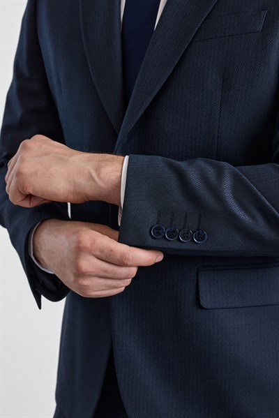 Lacivert Slim Sivri Yaka Kazayağı Armürlü Kapaklı Cep Standart 6 Drop Takım Elbise