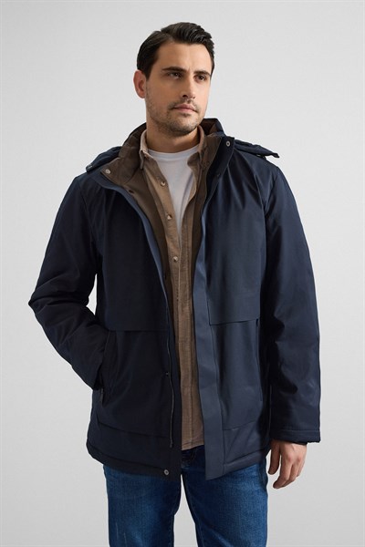 Lacivert Slim Yarım Balıkçı Yaka Baklava Yan Cepli Fermuar Elyaf Dolgulu Standart Mont