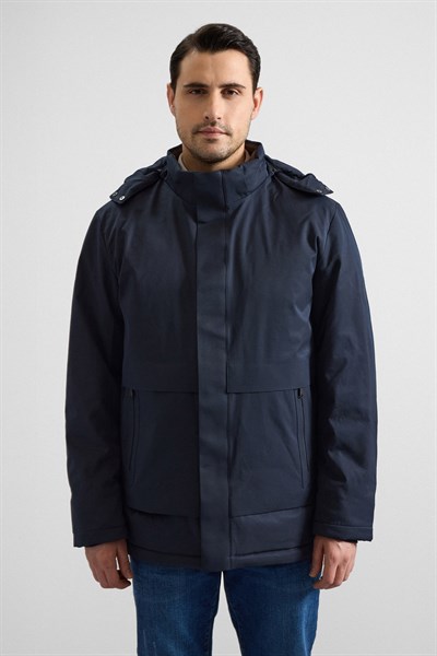 Lacivert Slim Yarım Balıkçı Yaka Baklava Yan Cepli Fermuar Elyaf Dolgulu Standart Mont