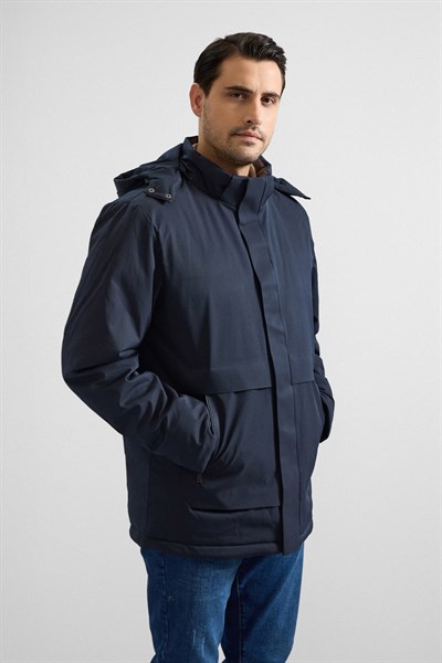 Lacivert Slim Yarım Balıkçı Yaka Baklava Yan Cepli Fermuar Elyaf Dolgulu Standart Mont