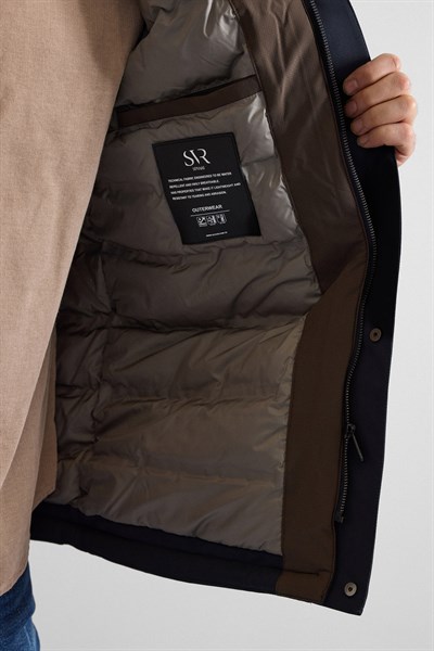 Lacivert Slim Yarım Balıkçı Yaka Baklava Yan Cepli Fermuar Elyaf Dolgulu Standart Mont