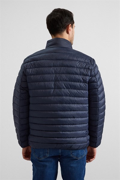 Lacivert Slim Yarım Balıkçı Yaka Yatay Çizgili Yan Cepli Fermuar Elyaf Dolgulu Standart Mont