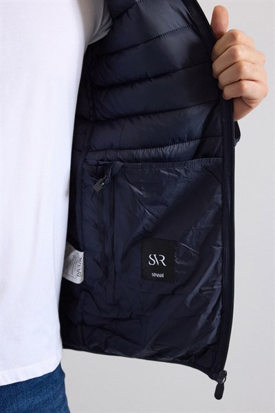 Lacivert Slim Yarım Balıkçı Yaka Yatay Çizgili Yan Cepli Fermuar Elyaf Dolgulu Standart Mont