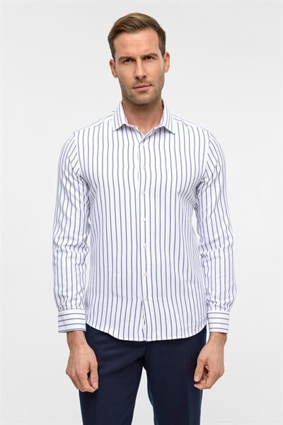 Mavi Uzun Kollu Slim Çizgili Klasik Yaka Gömlek