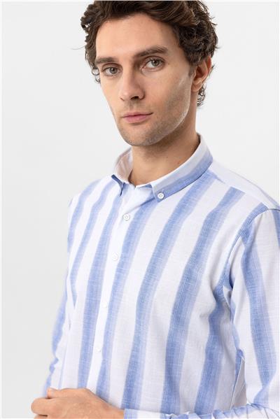 Mavi Slim Fit Desenli Düğmeli Yaka Çizgili Gömlek