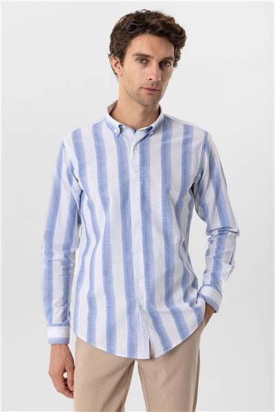 Mavi Slim Fit Desenli Düğmeli Yaka Çizgili Gömlek