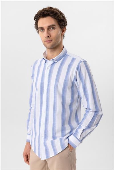 Mavi Slim Fit Desenli Düğmeli Yaka Çizgili Gömlek
