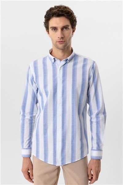 Mavi Slim Fit Desenli Düğmeli Yaka Çizgili Gömlek