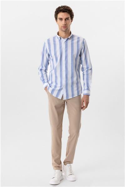 Mavi Slim Fit Desenli Düğmeli Yaka Çizgili Gömlek