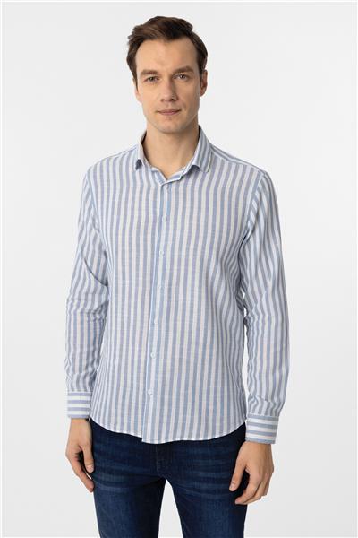 Mavi Slim Fit Desenli Klasik Yaka Çizgili Gömlek
