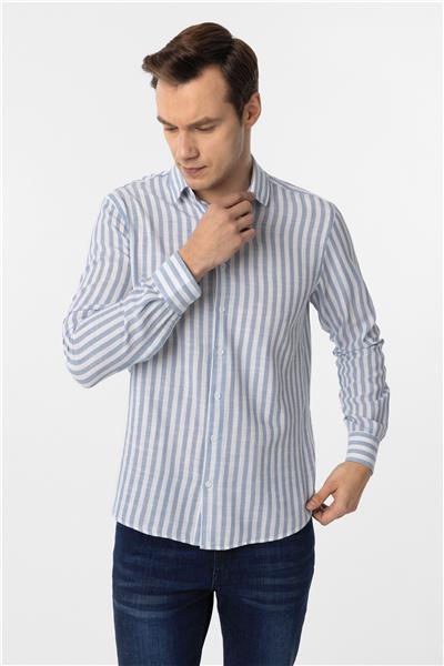 Mavi Slim Fit Desenli Klasik Yaka Çizgili Gömlek