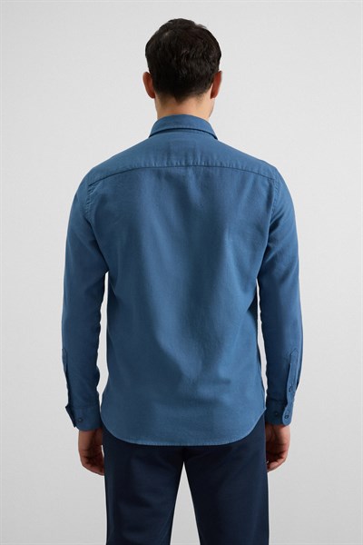 Mavi Slim Düğmeli Yaka Düz Casual Gömlek
