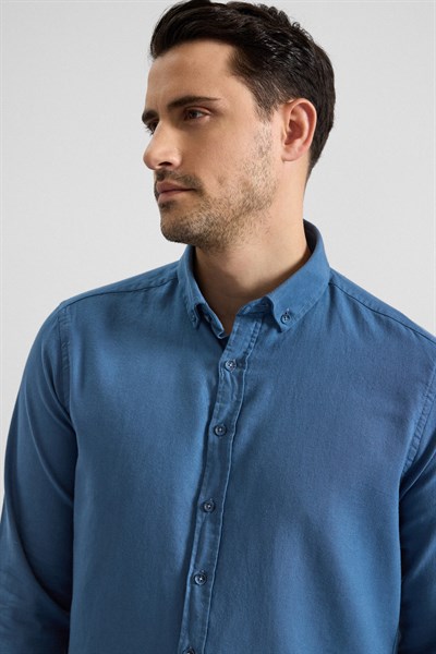 Mavi Slim Düğmeli Yaka Düz Casual Gömlek