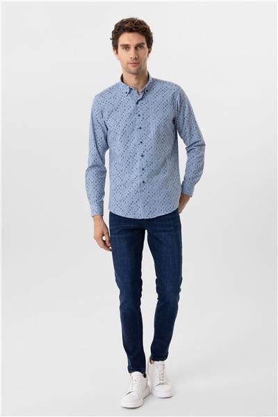 Mavi Slim Fit Düz Düğmeli Yaka Gömlek