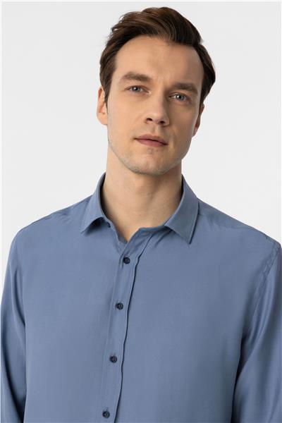 Mavi Slim Fit Düz Klasik Yaka Gömlek
