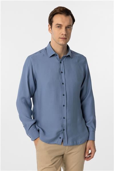 Mavi Slim Fit Düz Klasik Yaka Gömlek