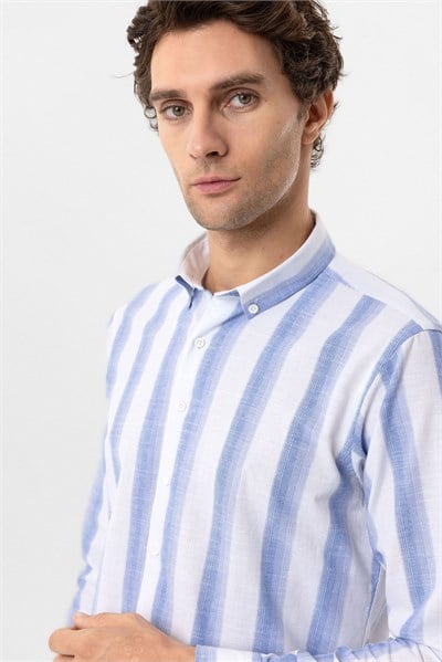 Mavi Slim Fit Desenli Düğmeli Yaka Çizgili Gömlek