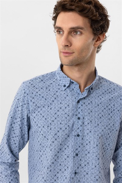 Mavi Slim Fit Düz Düğmeli Yaka Gömlek