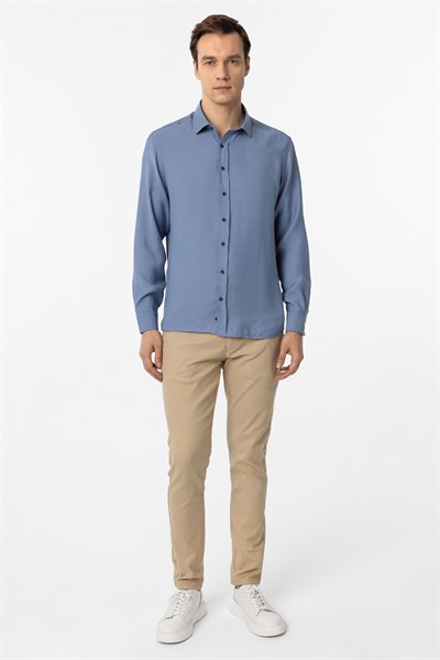Mavi Slim Fit Düz Klasik Yaka Gömlek