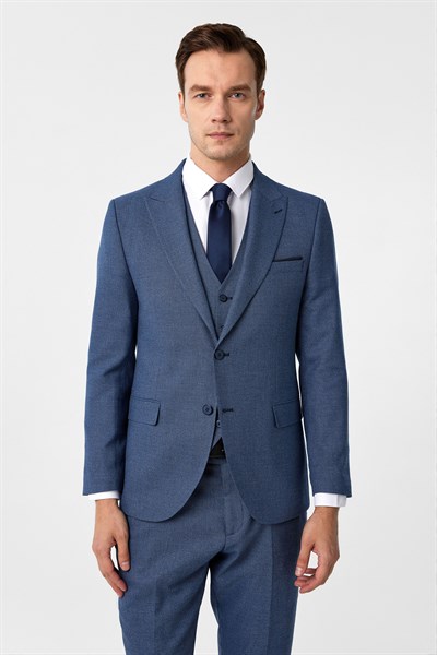Parlament Mavi Slim Fit Desenli Mono Yaka 6 Drop Yelekli Klasik Takım Elbise
