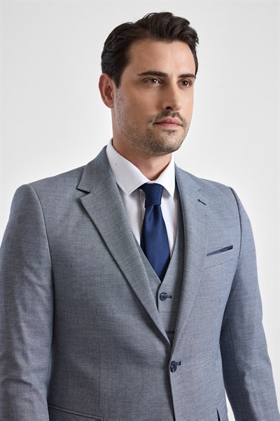 Parlament Mavi Slim Mono Yaka 6 Drop Yelekli Takım Elbise