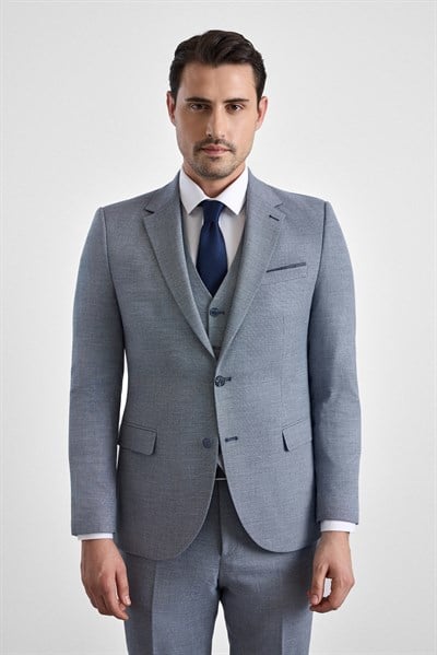 Parlament Mavi Slim Mono Yaka 6 Drop Yelekli Takım Elbise