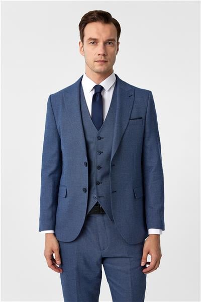 Parlament Mavi Slim Fit Desenli Mono Yaka 6 Drop Yelekli Klasik Takım Elbise