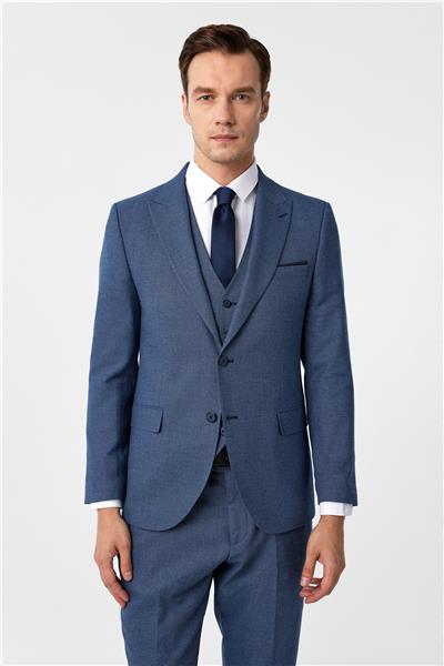 Parlament Mavi Slim Fit Desenli Mono Yaka 6 Drop Yelekli Klasik Takım Elbise