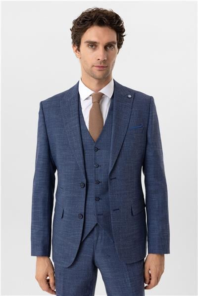 Parlament Mavi Slim Fit Desenli Sivri Yaka 6 Drop Yelekli Klasik Takım Elbise