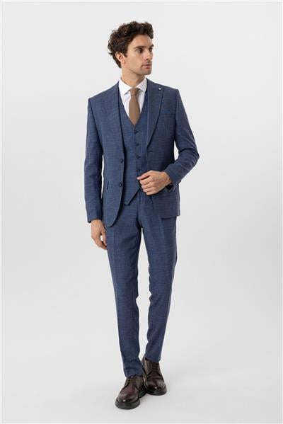 Parlament Mavi Slim Fit Desenli Sivri Yaka 6 Drop Yelekli Klasik Takım Elbise