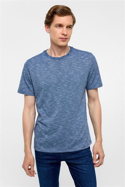 Saks Mavi Regular Armürlü Bisiklet Yaka Tişört